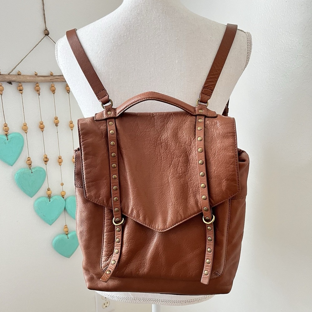 Lucky Brand cognac brown genuine leather studded backpack purse soft 12x13